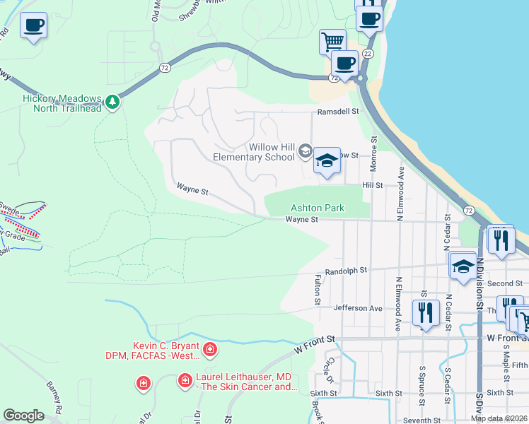 map of restaurants, bars, coffee shops, grocery stores, and more near 1433 Wayne Street in Traverse City