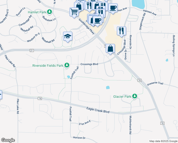 map of restaurants, bars, coffee shops, grocery stores, and more near 1823 Switchgrass Lane in Shakopee