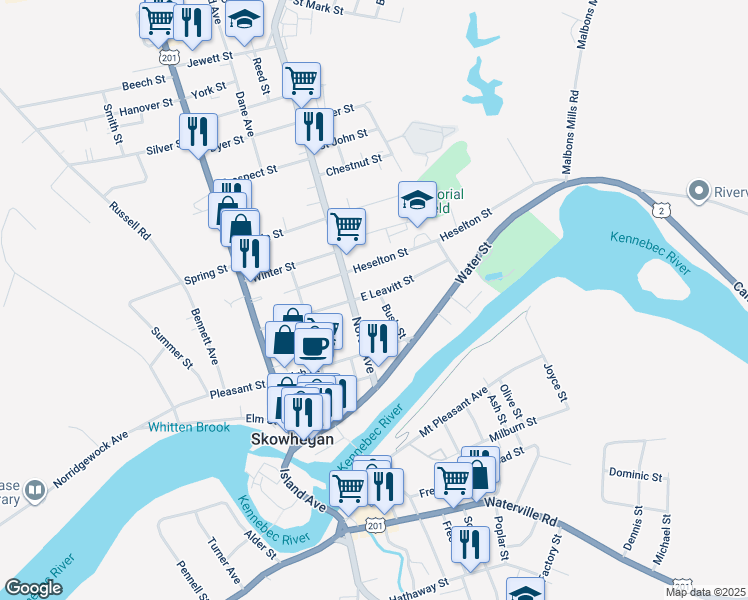 map of restaurants, bars, coffee shops, grocery stores, and more near 20 Bush Street in Skowhegan