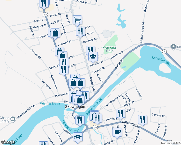 map of restaurants, bars, coffee shops, grocery stores, and more near 55 North Avenue in Skowhegan