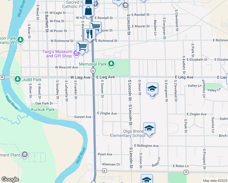 map of restaurants, bars, coffee shops, grocery stores, and more near 1001 South Lutz Street in Shawano