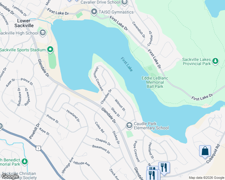 map of restaurants, bars, coffee shops, grocery stores, and more near 65 Wilmot Street in Lower Sackville