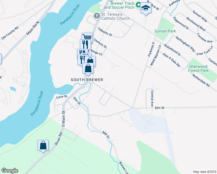 map of restaurants, bars, coffee shops, grocery stores, and more near 56 South Brewer Drive in Brewer