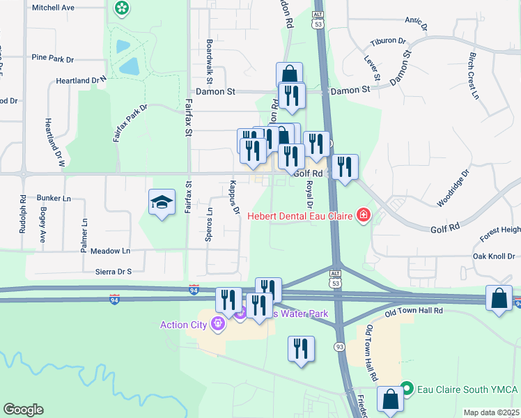 map of restaurants, bars, coffee shops, grocery stores, and more near 4631 Kappus Drive in Eau Claire