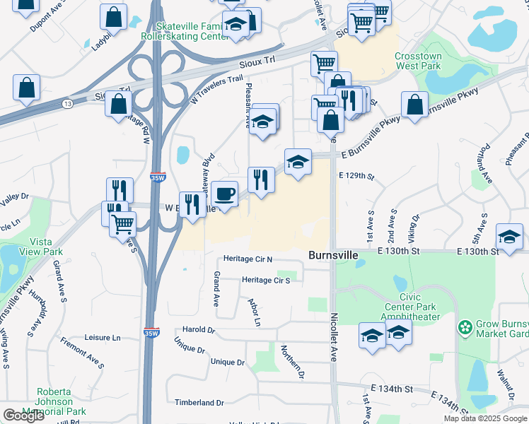 map of restaurants, bars, coffee shops, grocery stores, and more near 12866 Nicollet Avenue in Burnsville