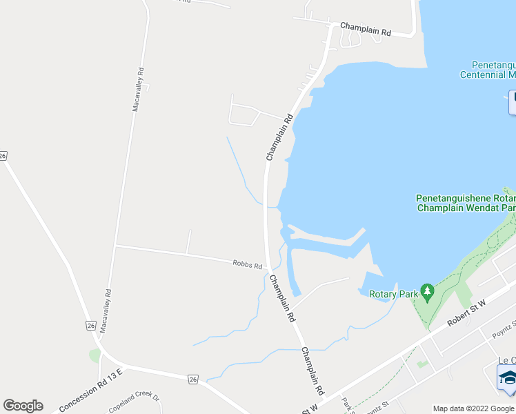 map of restaurants, bars, coffee shops, grocery stores, and more near 46 Champlain Road in Penetanguishene