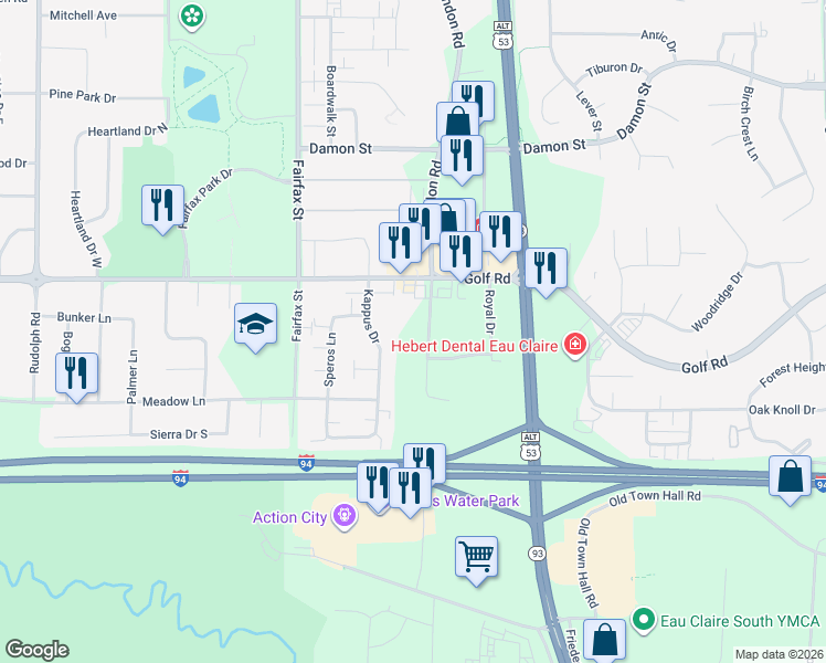 map of restaurants, bars, coffee shops, grocery stores, and more near 4631 Kappus Drive in Eau Claire