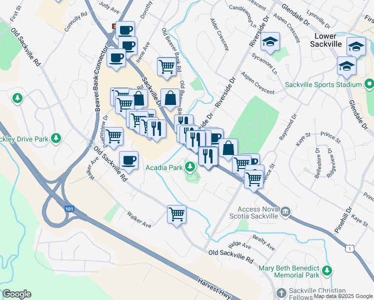 map of restaurants, bars, coffee shops, grocery stores, and more near 668 Sackville Drive in Lower Sackville