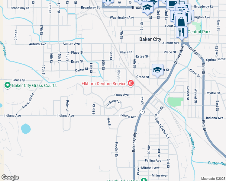 map of restaurants, bars, coffee shops, grocery stores, and more near 300 Hillcrest Drive in Baker City