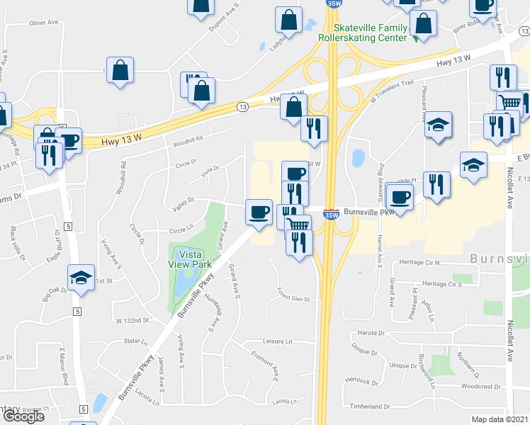 map of restaurants, bars, coffee shops, grocery stores, and more near 1103 Burnsville Parkway in Burnsville