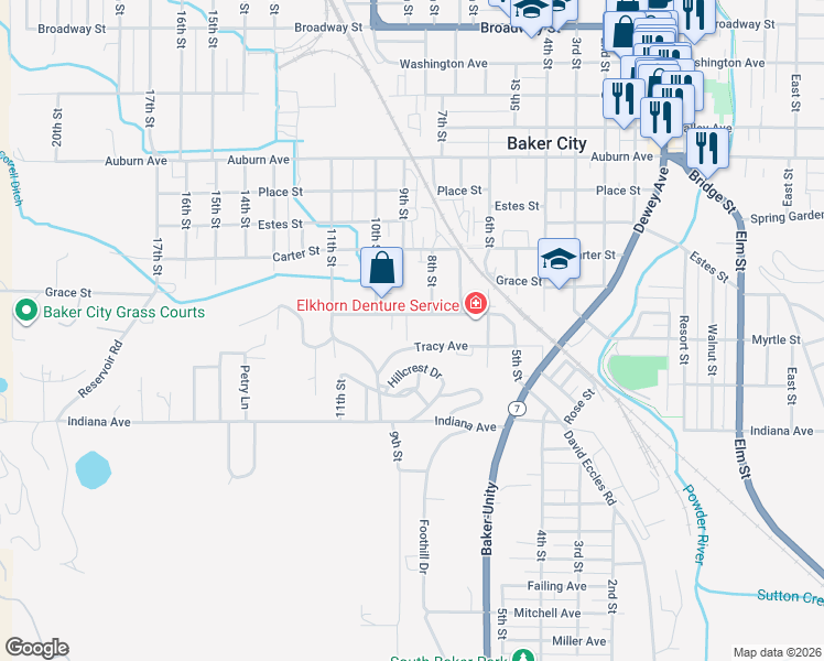 map of restaurants, bars, coffee shops, grocery stores, and more near 300 Hillcrest Drive in Baker City
