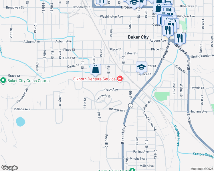 map of restaurants, bars, coffee shops, grocery stores, and more near 2705 Myrtle Street in Baker City