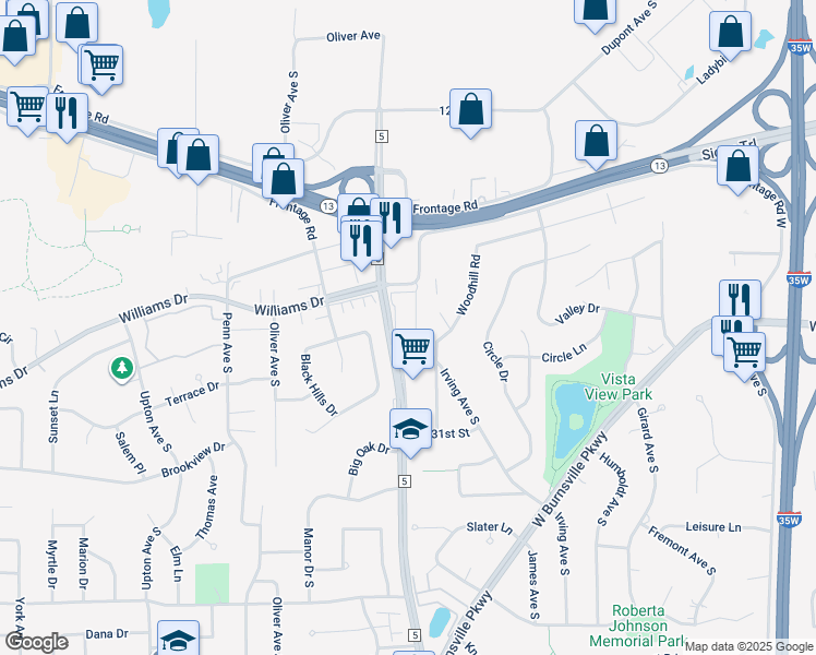 map of restaurants, bars, coffee shops, grocery stores, and more near 12901 County Road 5 in Burnsville