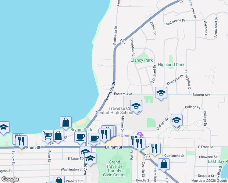 map of restaurants, bars, coffee shops, grocery stores, and more near 1225 Randall Court in Traverse City