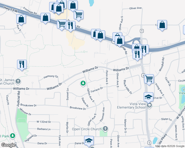 map of restaurants, bars, coffee shops, grocery stores, and more near 2525 Williams Drive in Burnsville
