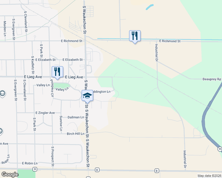 map of restaurants, bars, coffee shops, grocery stores, and more near 233 Teddington Lane in Shawano