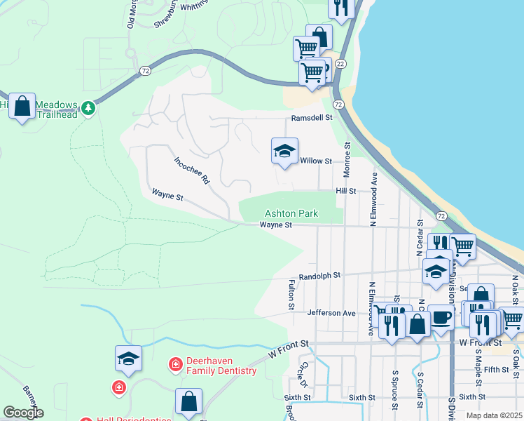 map of restaurants, bars, coffee shops, grocery stores, and more near 1299 Hill St in Traverse City