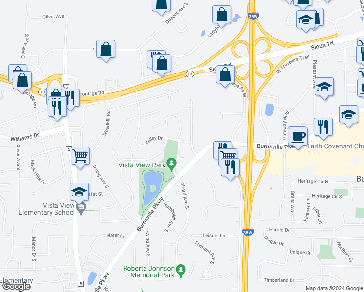map of restaurants, bars, coffee shops, grocery stores, and more near 12825 Briar Court in Burnsville
