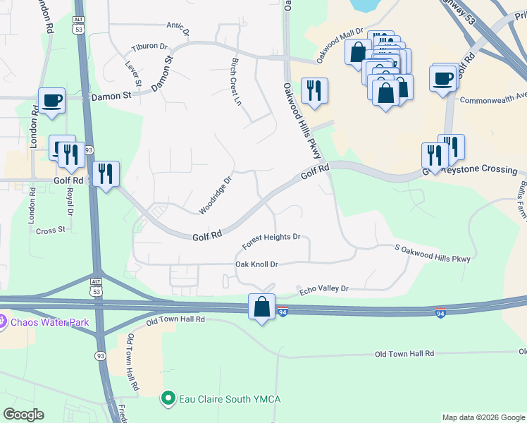 map of restaurants, bars, coffee shops, grocery stores, and more near 4529 Havenwood Lane in Eau Claire