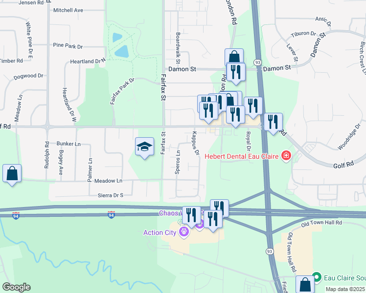 map of restaurants, bars, coffee shops, grocery stores, and more near 4526 Speros Lane in Eau Claire