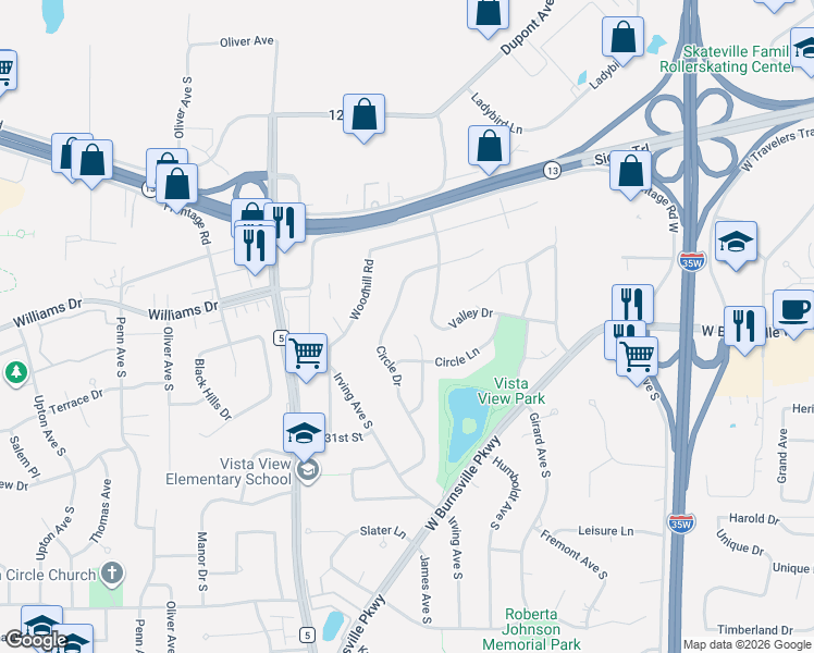 map of restaurants, bars, coffee shops, grocery stores, and more near 1507 Circle Drive in Burnsville