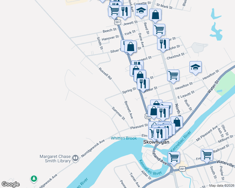 map of restaurants, bars, coffee shops, grocery stores, and more near 86 Middle Road in Skowhegan