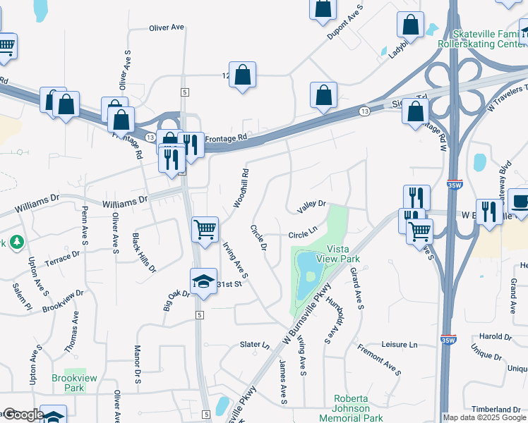 map of restaurants, bars, coffee shops, grocery stores, and more near 1521 Circle Drive in Burnsville