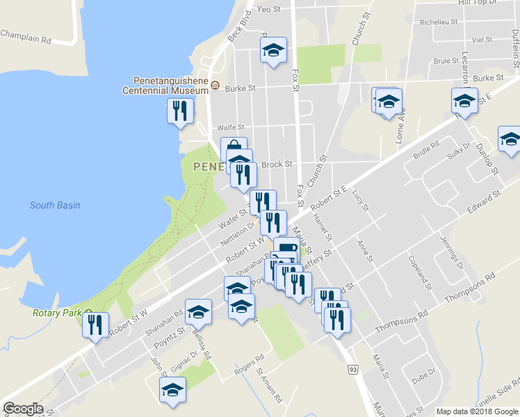 map of restaurants, bars, coffee shops, grocery stores, and more near 59 Main Street in Penetanguishene