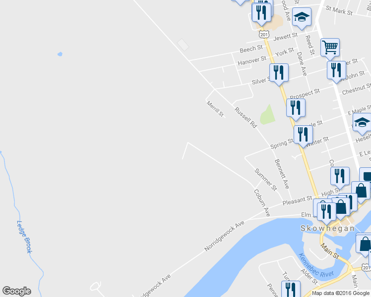 map of restaurants, bars, coffee shops, grocery stores, and more near 33 Coburn Avenue in Skowhegan