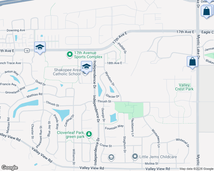 map of restaurants, bars, coffee shops, grocery stores, and more near 1865 Omega Drive in Shakopee