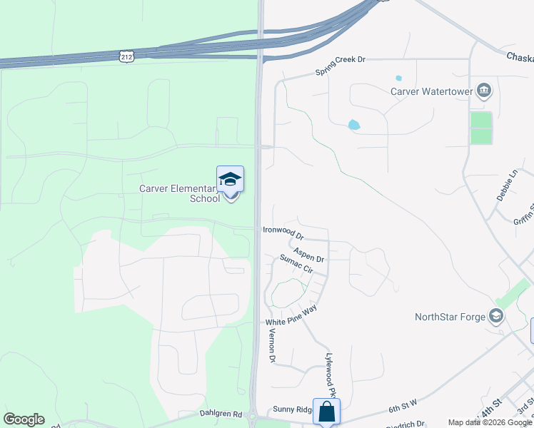 map of restaurants, bars, coffee shops, grocery stores, and more near 1710 Basswood Court in Carver