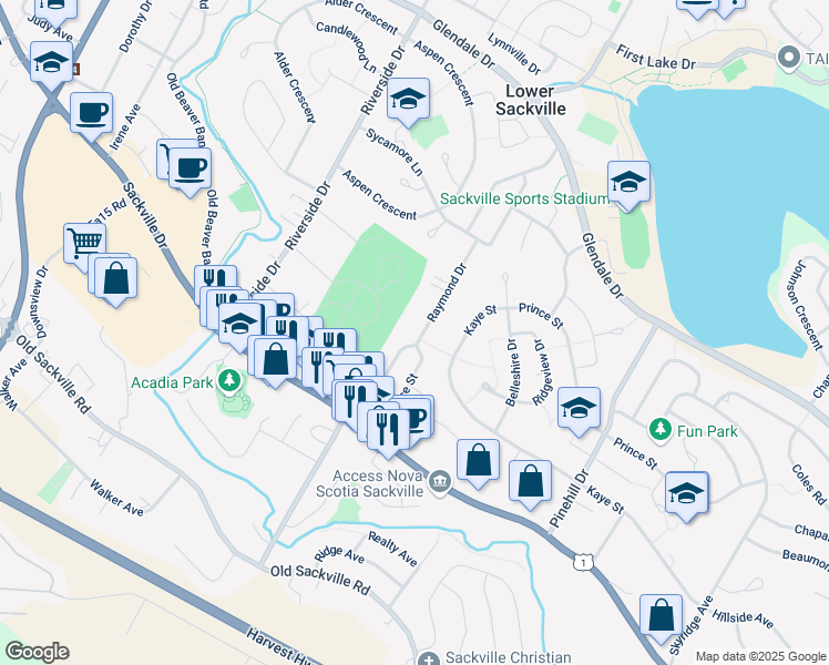 map of restaurants, bars, coffee shops, grocery stores, and more near 593 Sackville Drive in Lower Sackville
