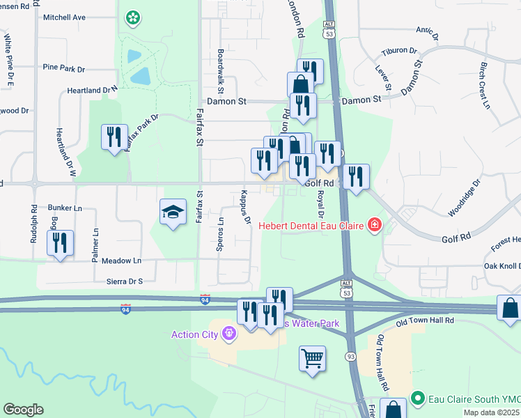 map of restaurants, bars, coffee shops, grocery stores, and more near 4521 Kappus Drive in Eau Claire