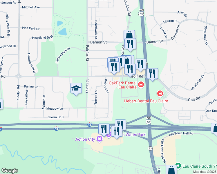 map of restaurants, bars, coffee shops, grocery stores, and more near 4513 Kappus Drive in Eau Claire