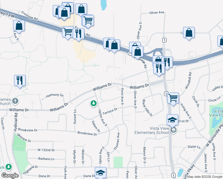 map of restaurants, bars, coffee shops, grocery stores, and more near 2504 Williams Drive in Burnsville