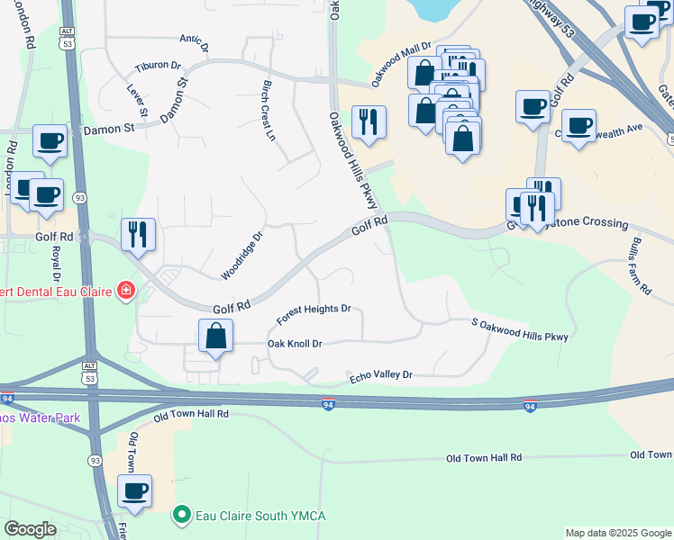 map of restaurants, bars, coffee shops, grocery stores, and more near 3998 Woodcrest Court in Eau Claire