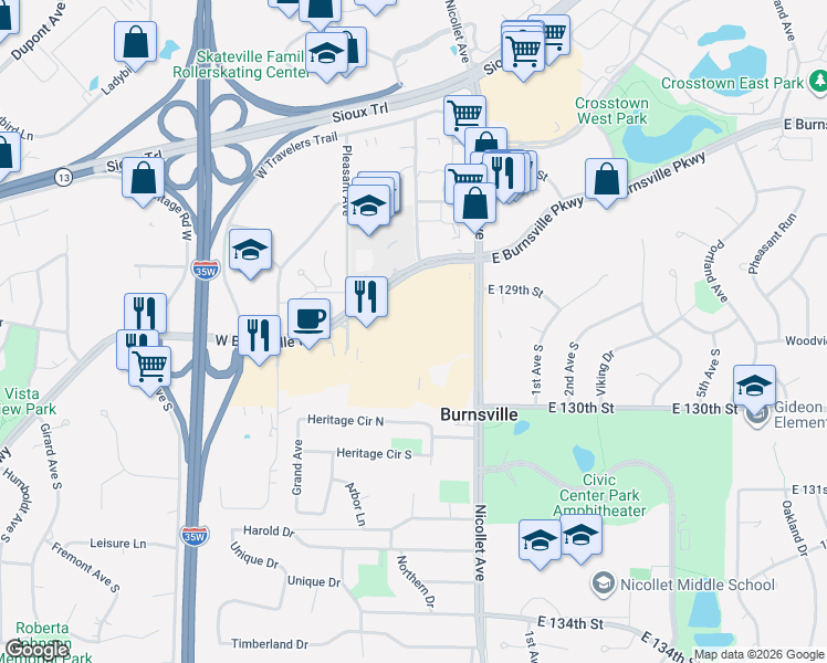 map of restaurants, bars, coffee shops, grocery stores, and more near 12840 Nicollet Avenue in Burnsville