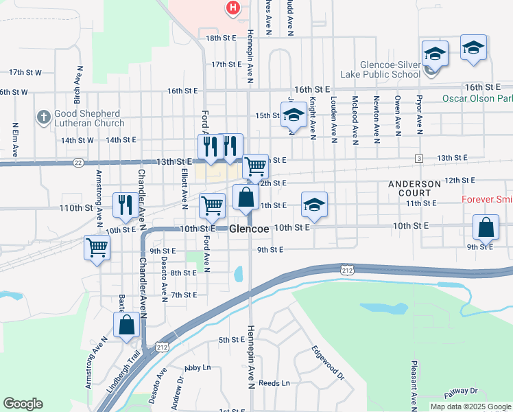 map of restaurants, bars, coffee shops, grocery stores, and more near 830 11th Street East in Glencoe