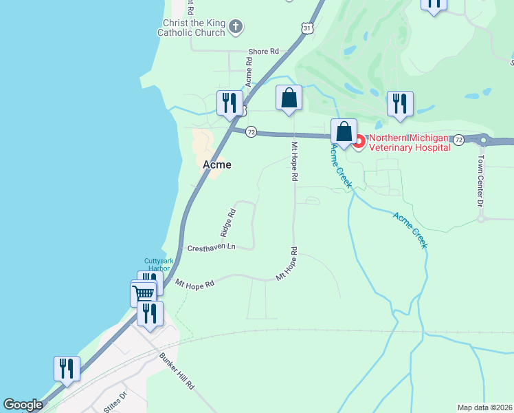 map of restaurants, bars, coffee shops, grocery stores, and more near 5799 Apple Valley Rd in Williamsburg