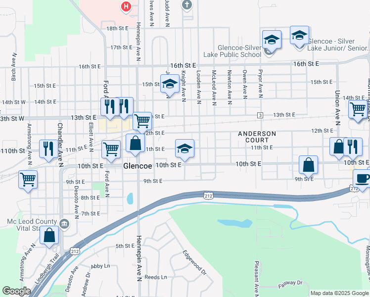 map of restaurants, bars, coffee shops, grocery stores, and more near 1107 11th Street East in Glencoe