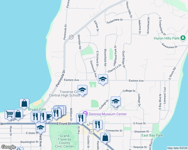 map of restaurants, bars, coffee shops, grocery stores, and more near 600-698 E Orchard Dr in Traverse City