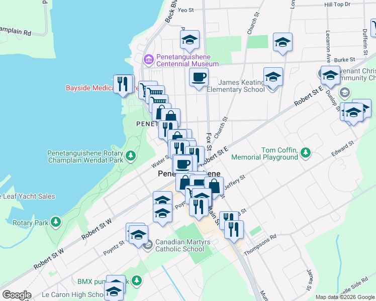 map of restaurants, bars, coffee shops, grocery stores, and more near Simcoe Street in Penetanguishene