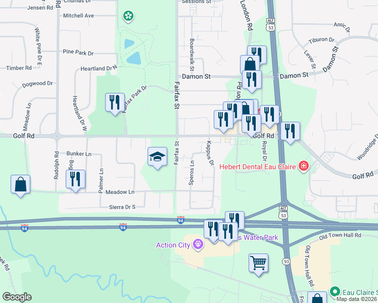 map of restaurants, bars, coffee shops, grocery stores, and more near 4526 Speros Lane in Eau Claire