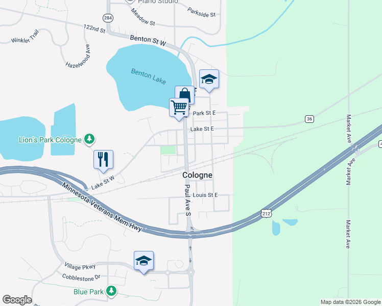 map of restaurants, bars, coffee shops, grocery stores, and more near 112 Paul Avenue North in Cologne