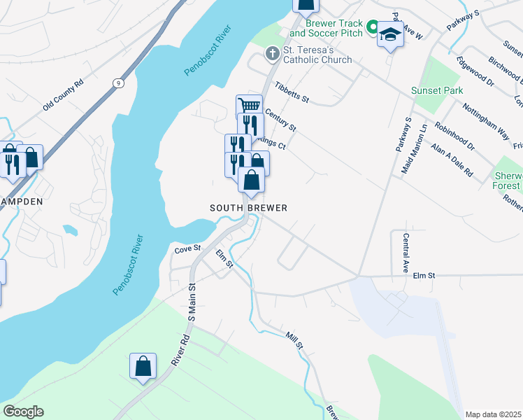 map of restaurants, bars, coffee shops, grocery stores, and more near 10 South Brewer Drive in Brewer