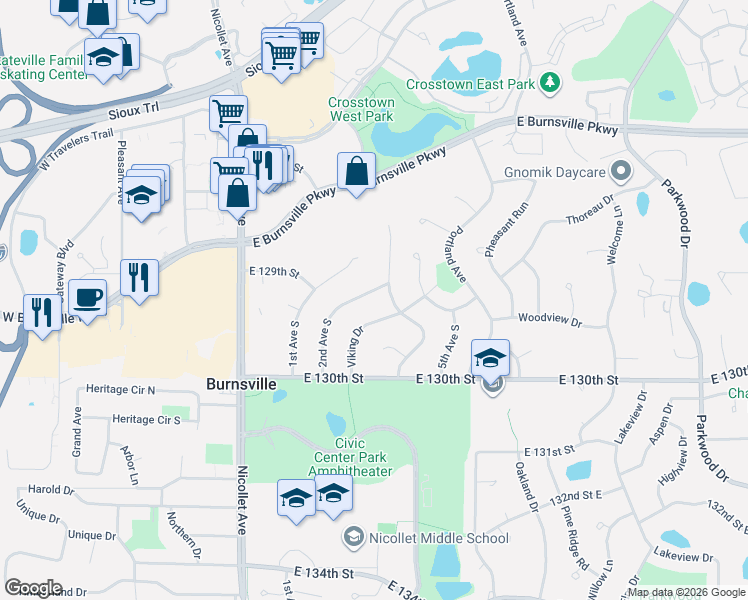 map of restaurants, bars, coffee shops, grocery stores, and more near 12901 2nd Avenue South in Burnsville