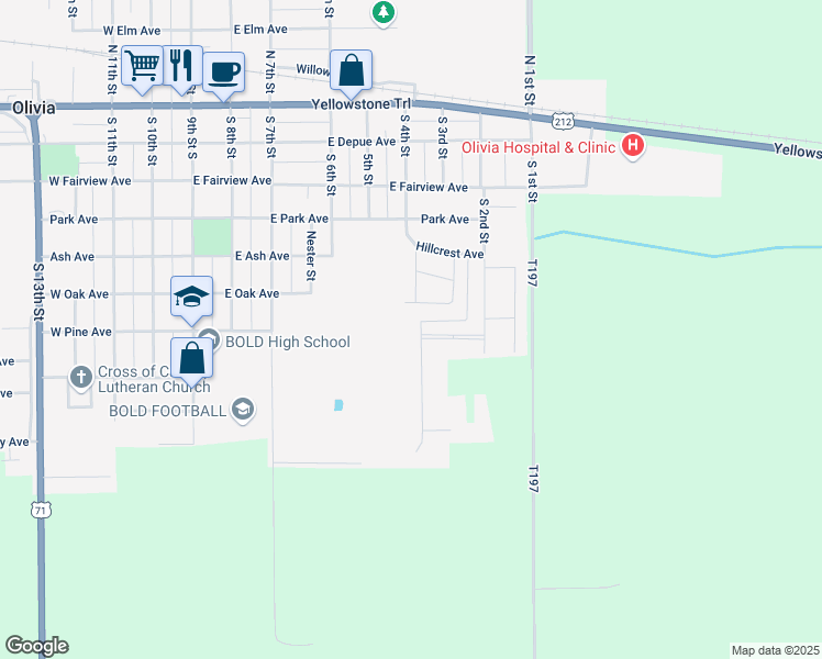 map of restaurants, bars, coffee shops, grocery stores, and more near 311 East Oak Avenue in Olivia