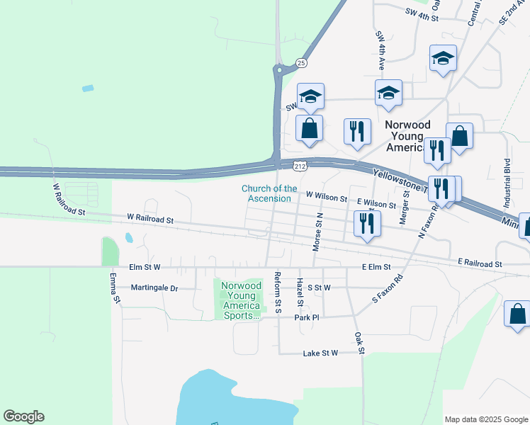 map of restaurants, bars, coffee shops, grocery stores, and more near 411 West Hill Street in Norwood Young America