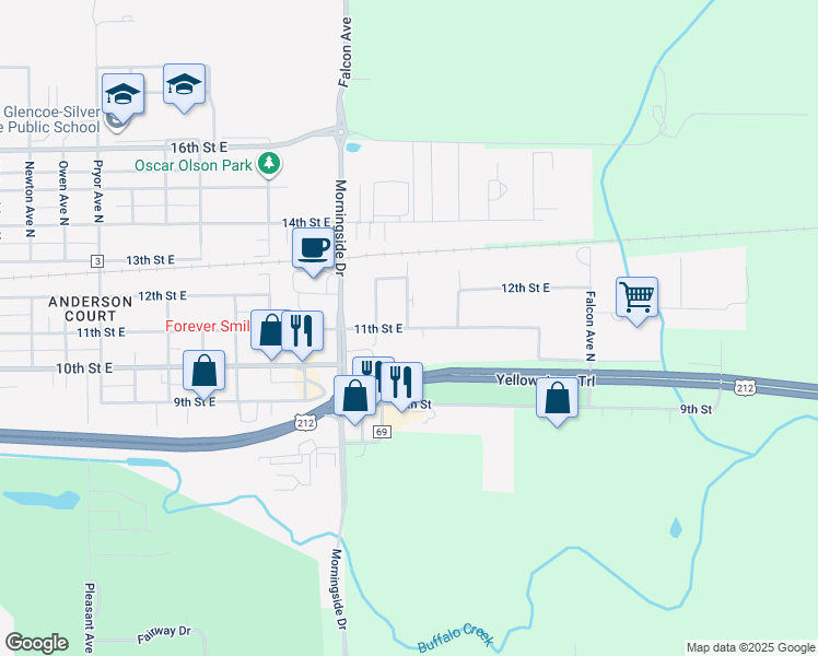 map of restaurants, bars, coffee shops, grocery stores, and more near 2505 11th Street East in Glencoe