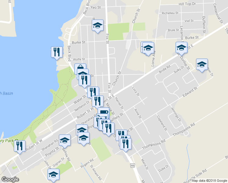 map of restaurants, bars, coffee shops, grocery stores, and more near 27 Simcoe Street in Penetanguishene
